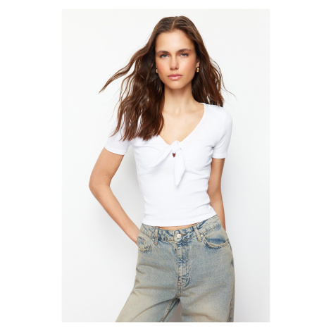 Trendyol White Short Sleeve Tie Detailed Sweetheart Neckline Ribbed Stretchy Knitted Blouse