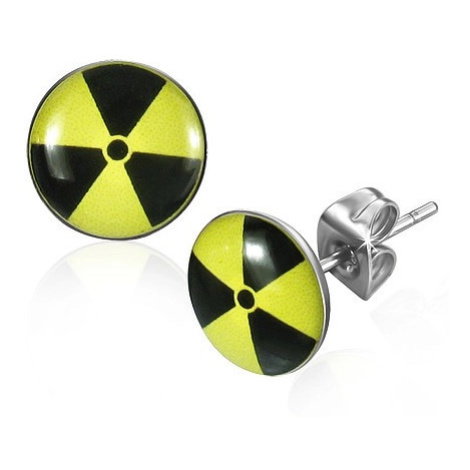 Okrúhle oceľové náušnice - žltočierny nukleárny symbol