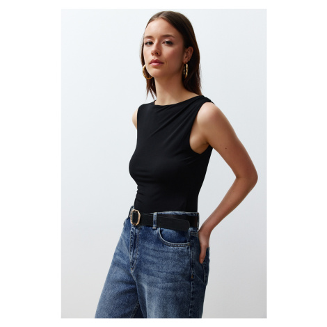 Trendyol Black Gathered Detailed Boat Neck Flexible Snaps Knitted Bodysuit