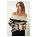 Happiness İstanbul Women's Beige Madonna Collar Striped Knitwear Sweater