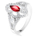 Strieborný 925 prsteň, zrniečkový červený kameň, vyrezávané zirkónové ramená - Veľkosť: 59 mm