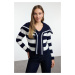 Trendyol Navy Blue Crop Soft Texture Shawl Collar Striped Knitwear Sweater