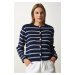 Happiness İstanbul Women's Navy Blue White Stylish Buttoned Striped Knitwear Cardigan