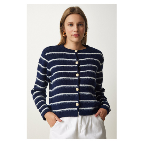 Happiness İstanbul Women's Navy Blue White Stylish Buttoned Striped Knitwear Cardigan