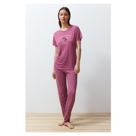 Trendyol Dusty Rose Heart Knitted Pajama Set