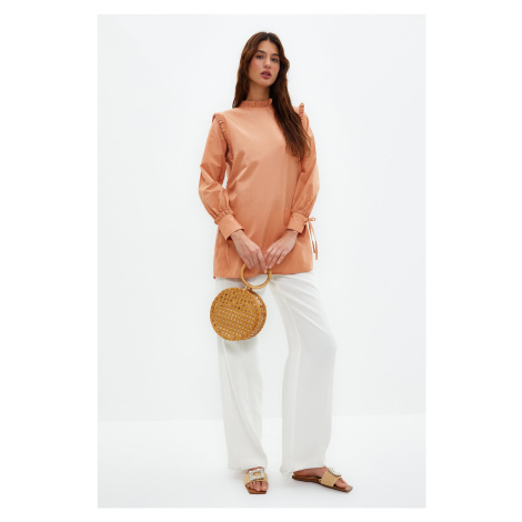 Trendyol Camel Shoulder and Cuff Ruffle Woven Cotton Tunic