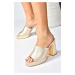 Fox Shoes Beige Satin Fabric Women's Thick Heeled Slippers