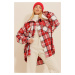 Trend Alaçatı Stili Women's Ecru Red Checkered Cachet Cotton Oversize Safari Jacket Shirt