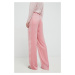 Hodvábne nohavice Custommade Pamela dámske, ružová farba, široké, vysoký pás