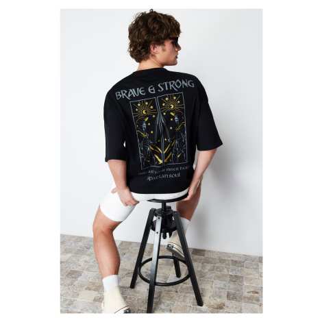 Trendyol Black Oversize/Wide Cut Mystic Printed 100% Cotton Short Sleeve T-Shirt