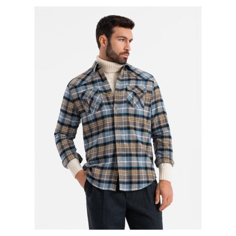 Ombre Men's checkered flannel shirt with pockets - gray-yellow