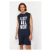 Trendyol Navy Blue Slogan Printed Regular Fit Pajama Set with Knitted Shorts