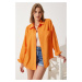 Happiness İstanbul Women's Orange Oversize Linen Ayrobin Shirt