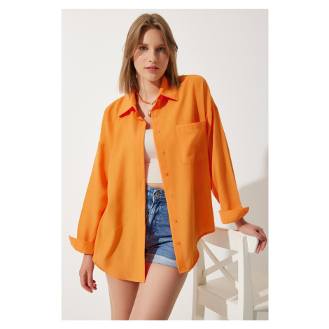 Happiness İstanbul Women's Orange Oversize Linen Ayrobin Shirt