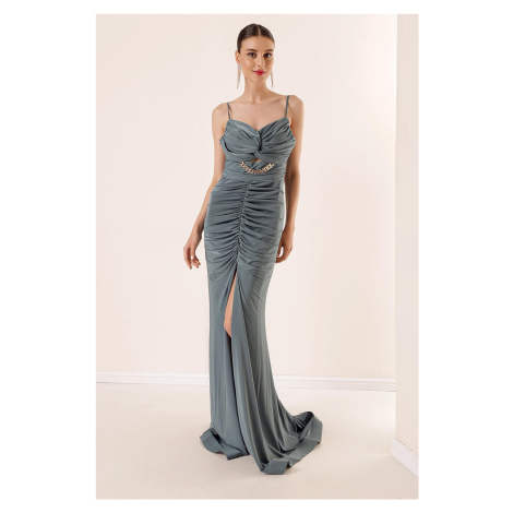 By Saygı Rope Straps with a slit in the front and Draped Crystal Fabric Long Dress with Chain De