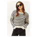 Olalook Women's Ecru Black Wave Striped Openwork Seasonal Knitwear Blouse