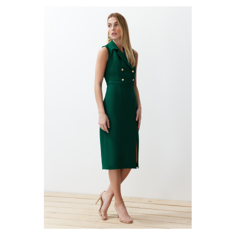 Trendyol Emerald Green Button Detailed Slit Fitted/Sleeping Midi Woven Dress