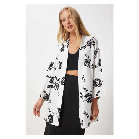 Happiness İstanbul Women's White Patterned Viscose Kimono