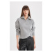 DEFACTO Women's Gray Relax Fit Half Zipper Stand Collar Thessaloniki Fabric Sweater