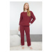 Trendyol Burgundy Ribbon/Bow and Lace Detailed Ribbed Knitted Pajama Set