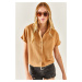 Olalook Women's Camel Bat Oversized Linen Shirt