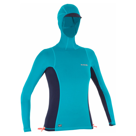 OLAIAN Dámske tričko 500 na surf s ochranou proti UV žiareniu a kapucňou modro-zelené TYRKYSOVÁ