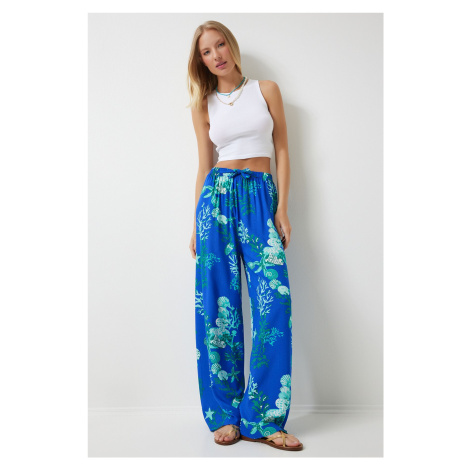 Happiness İstanbul Women's Blue Aqua Green Patterned Loose Viscose Palazzo Trousers