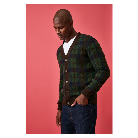 Trendyol Green FL Men's Regular V Neck Plaid / Checked Knitwear Cardigan