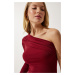 Happiness İstanbul Women's Burgundy One-Shoulder Gathered Detailed Knitted Blouse