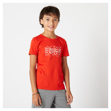 Chlapčenské tričko 100 na cvičenie červené s potlačou DOMYOS