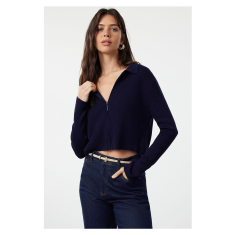 Trendyol Navy Blue Crop Zippered Knitwear Cardigan