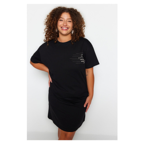 Trendyol Curve Black Crew Neck Slogan Printed 100% Cotton Knitted Plus Size T-shirt Dress