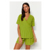 Trendyol Light Green Striped 100% Cotton Viscose Wide Fit T-shirt-Shorts Woven Pajamas Set