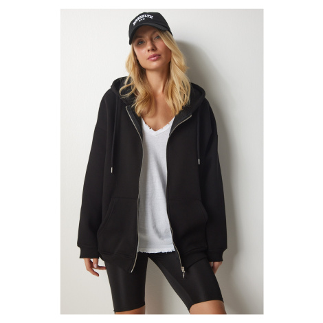 Happiness İstanbul Women's Black Hooded Zippered Oversize Sweatshirt