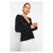 Trendyol Black Pleat Detail, Double Breasted, Closed, Frilled V-Neck Blouse
