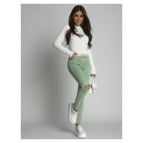 Zelené džínsové džínsy s otvormi na kolenách FASARDI