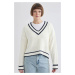 DEFACTO Relax Fit V Neck College Themed Thessaloniki Fabric Knitwear Sweater