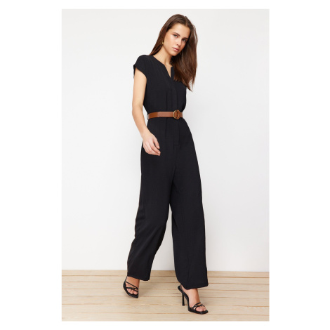 Trendyol Black Belted Double Breasted Collar Sleeveless Maxi Woven Jumpsuit