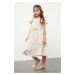 Trendyol Girl's Stone Belt Detailed Flower Applique Cotton Woven Short Sleeve Dress