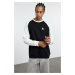 Trendyol Black Oversize/Wide Cut Raglan Sleeve Printed Detail Color Block Sweatshirt