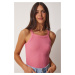 Happiness İstanbul Women's Pink Corduroy Crop Halterneck Knitted Singlets