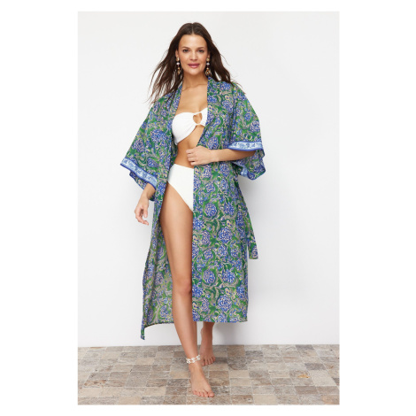 Trendyol Floral Patterned Belted Maxi Woven Ribbon Accessory Kimono & Kaftan