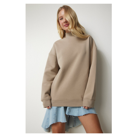 Happiness İstanbul Women's Mink High Neck Basic Raised Sweatshirt