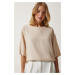 Happiness İstanbul Women's Cream Crew Neck Flowy Viscose Blouse