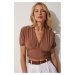 Happiness İstanbul Women's Camel Deep V Neck Crop Sandy Knitted Blouse