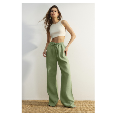Trendyol Green 100% ľan široké nohavice s vysokým pásom a elastickým pásom.