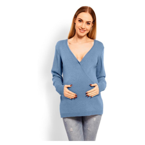 Tehotenský modrý vlnený sveter s V výstrihom
