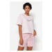 Trendyol Powder Striped Motto Printed Cotton T-shirt-Shorts Knitted Pajamas Set