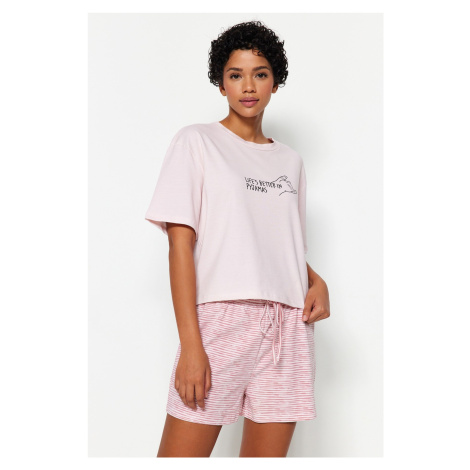 Trendyol Powder Cotton Striped Slogan Printed Knitted Pajama Set