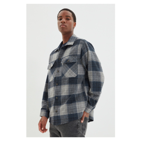 Trendyol Navy Blue Oversize Lumberjack Plaid Checkered Winter Shirt